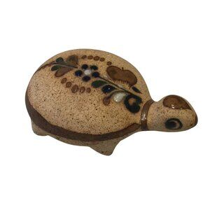 Mexican Pottery Turtle 4" Tan Blue AS IS Slight Stress Crack at Neck